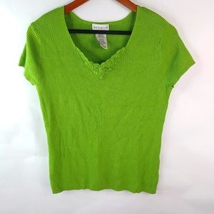 WS XL Capped Sleeve Ribbed Knit Top Crocheted Trim in Lime Green